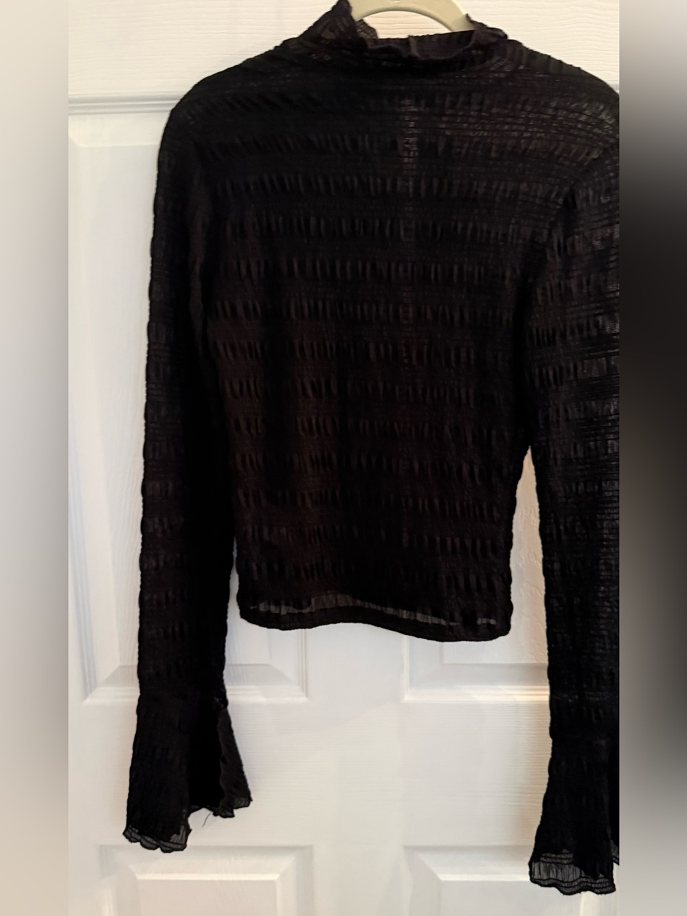 Reformation Black Sheer Textured Long-Sleeve Top